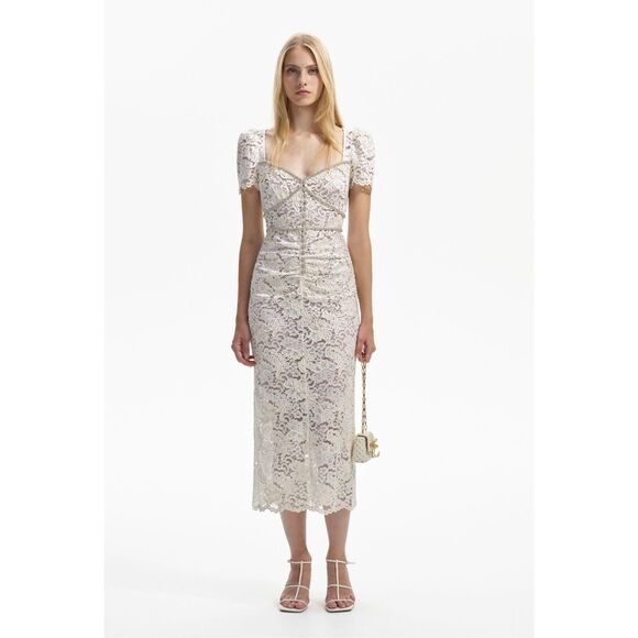 Self-Portrait Cream Cord Lace Diamanté Midi Dress Size US 6 / UK 10 NWT (035) - Picture 1 of 16